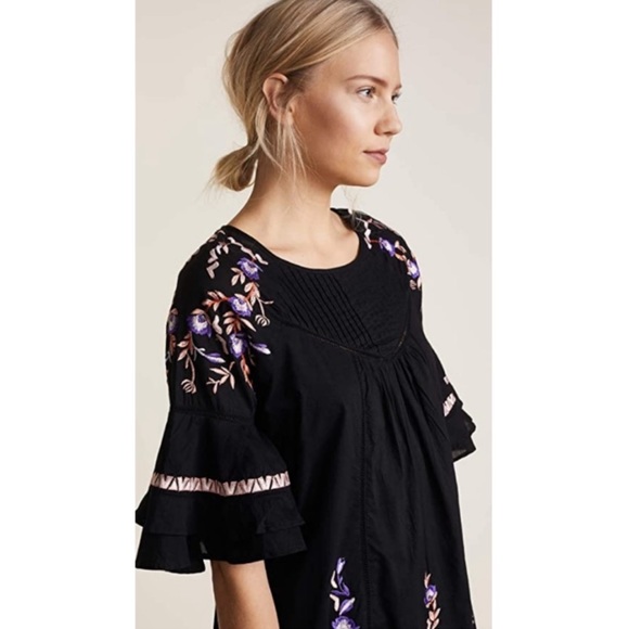 Free People Pavlo Embroidered Babydoll Tunic Mini Dress Black Floral Boho XS - Picture 10 of 12